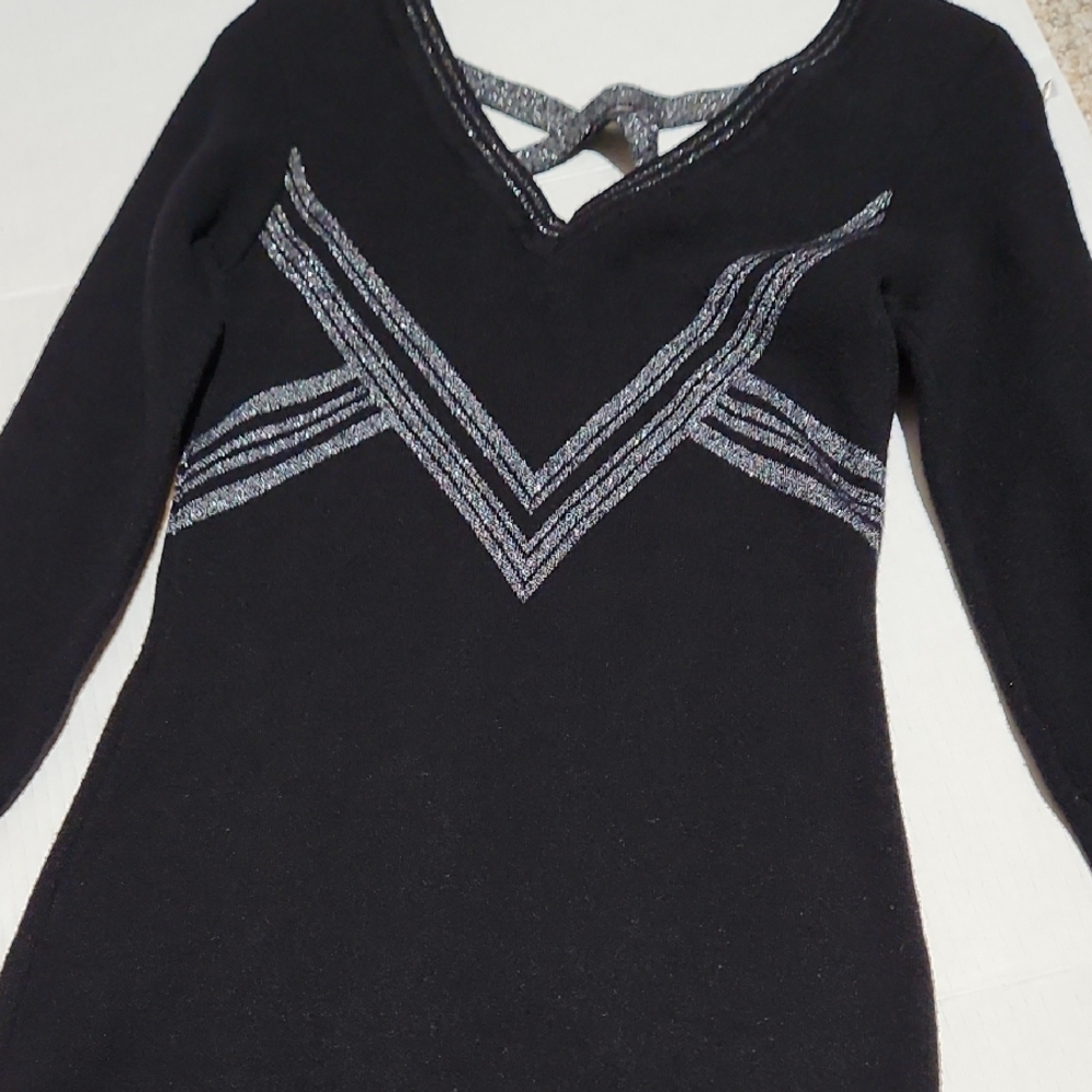 Black V-Neck Dress with Silver Chevron Detail